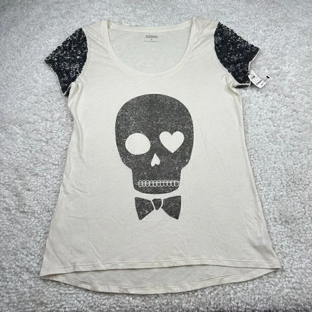 Express Skull Short Sleeve Sequin Sequins Sleeve Tee NEW